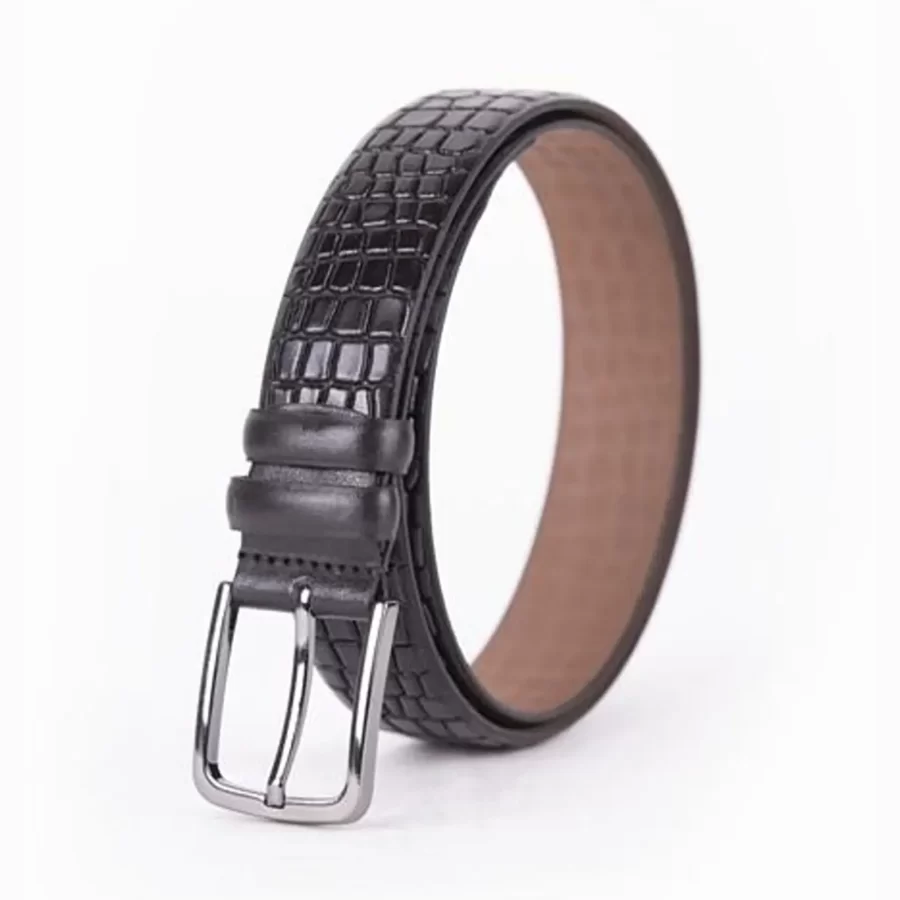 Black Mens Belt Dress Croc Embossed Calf Leather ST01517 3