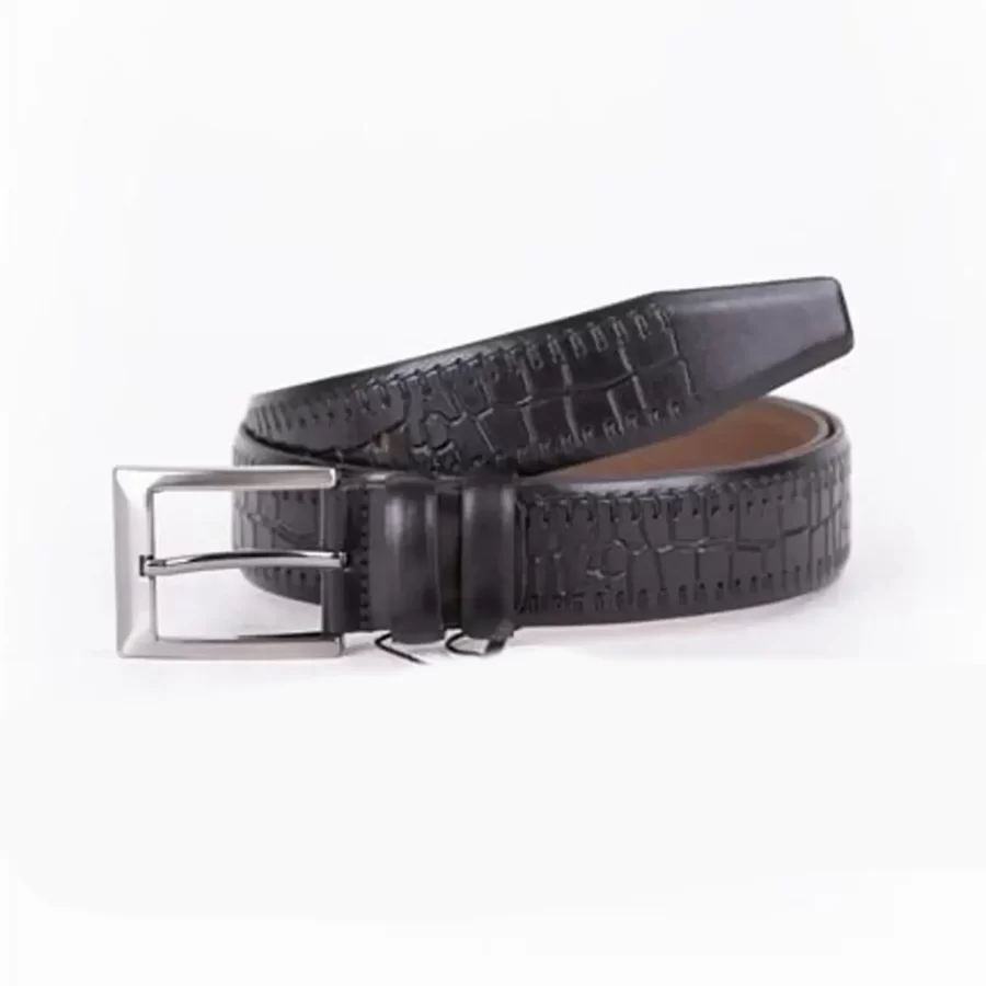 Black Mens Belt Dress Croco Embossed Leather ST01513 2