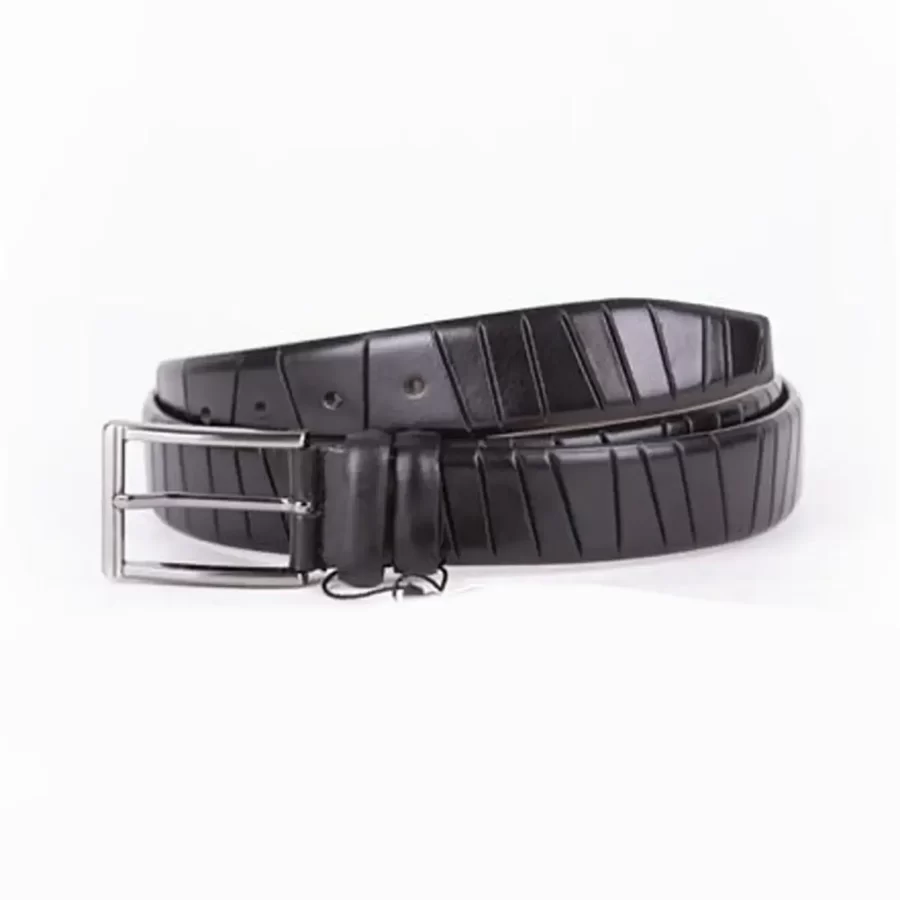 Black Mens Belt Dress Line Embossed Calfskin ST01458 2