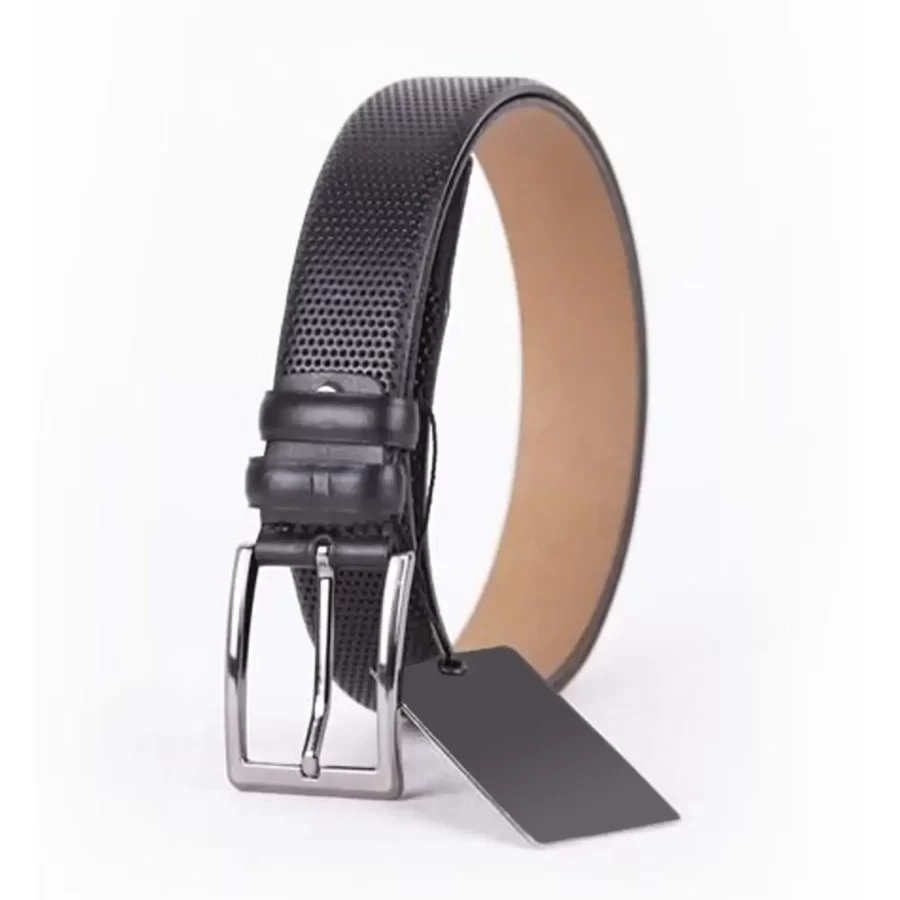 Black Mens Belt Dress Perforated Leather ST01428 3