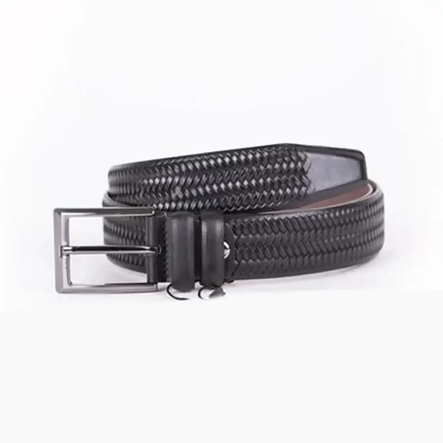 Black Mens Belt Dress Woven Emboss Leather ST01490 2