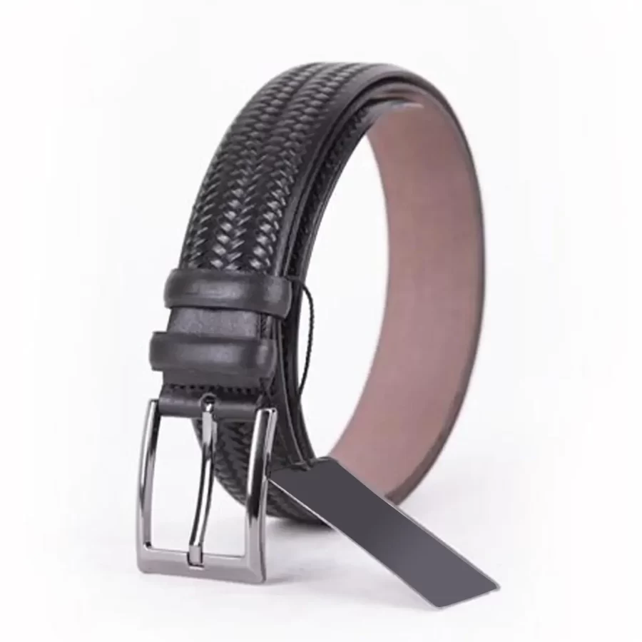 Black Mens Belt Dress Woven Emboss Leather ST01490 3