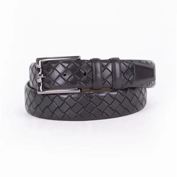 Black Mens Belt Dress Woven Textured Emboss Calf Leather ST01435 1