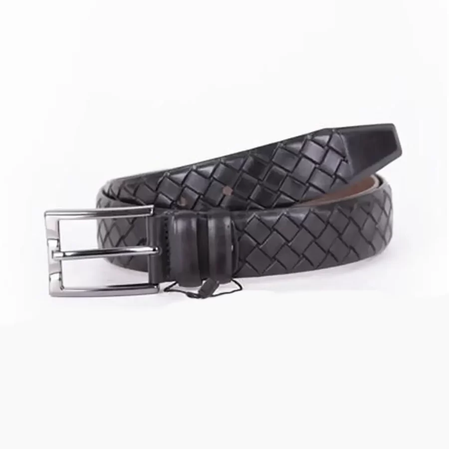 Black Mens Belt Dress Woven Textured Emboss Calf Leather ST01435 2