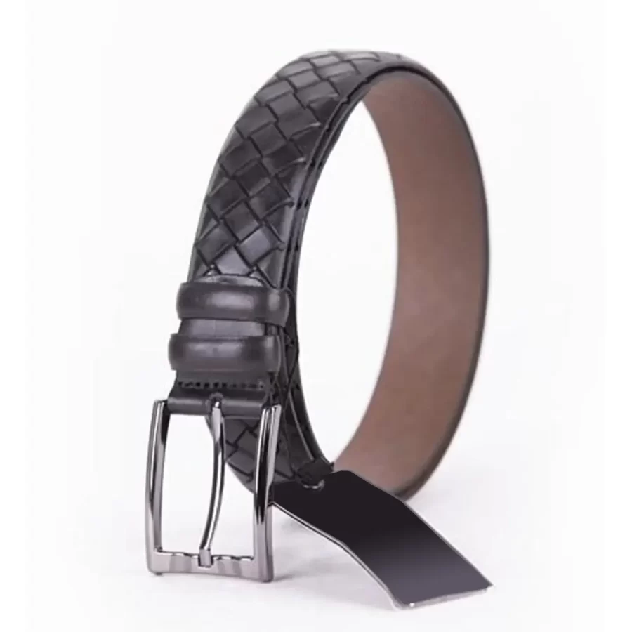 Black Mens Belt Dress Woven Textured Emboss Calf Leather ST01435 3