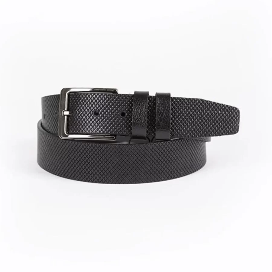 Black Mens Belt For Jeans Small Check Embossed Leather ST01346 1