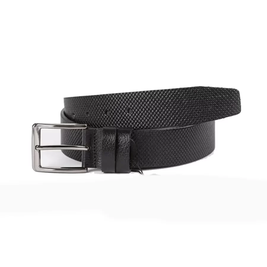 Black Mens Belt For Jeans Small Check Embossed Leather ST01346 2