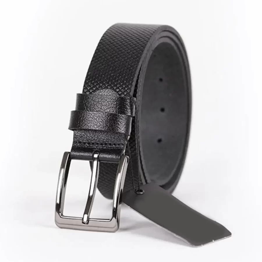 Black Mens Belt For Jeans Small Check Embossed Leather ST01346 3