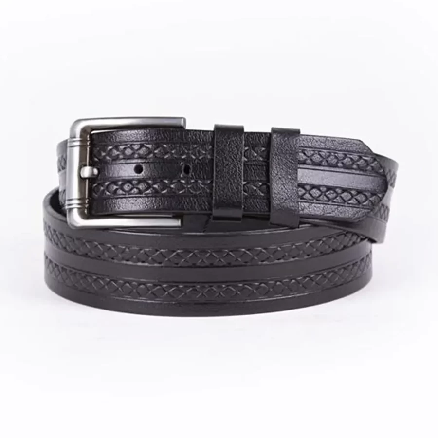 Black Mens Belt For Jeans Wide Embossed Calf Leather ST00991 1