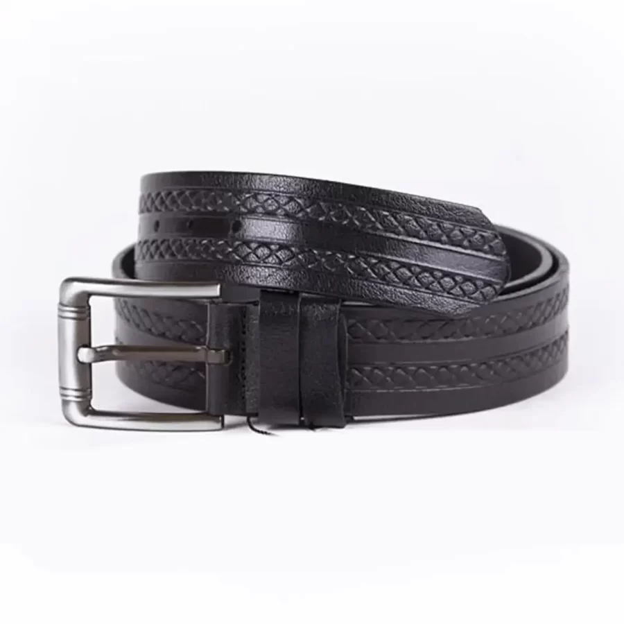 Black Mens Belt For Jeans Wide Embossed Calf Leather ST00991 2