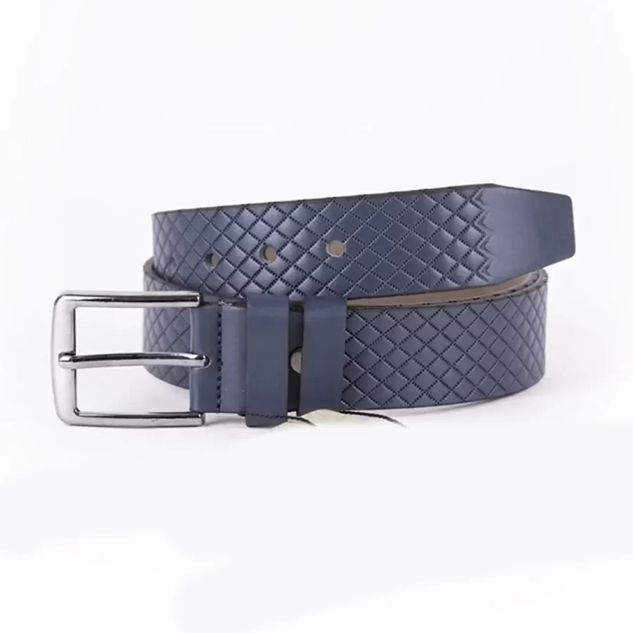 Blue Mens Vegan Leather Belt Quilted Emboss For Jeans ST00933 2