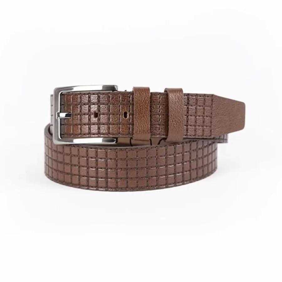 Brown Mens Belt Casual Check Emboss Leather ST01392 4