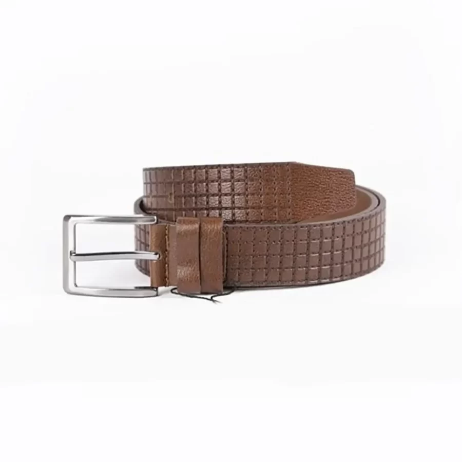 Brown Mens Belt Casual Check Emboss Leather ST01392 5