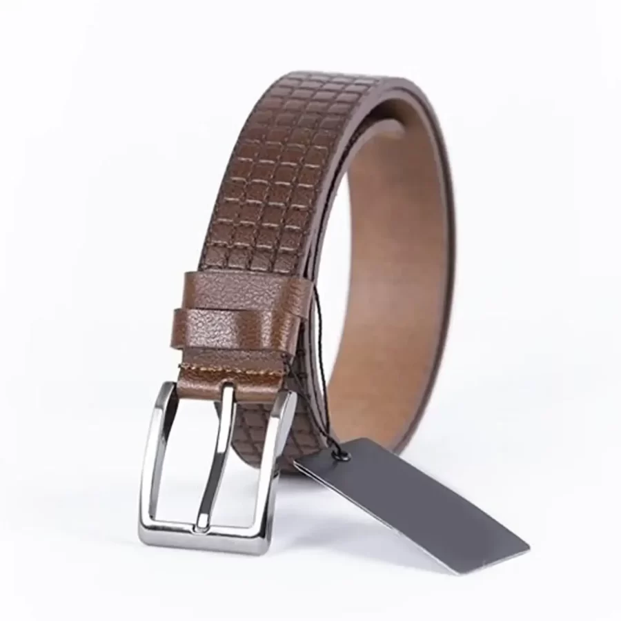 Brown Mens Belt Casual Check Emboss Leather ST01392 6