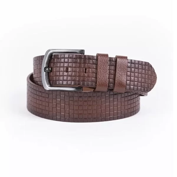 Brown Mens Belt Casual Wide Check Emboss Leather ST01298 7