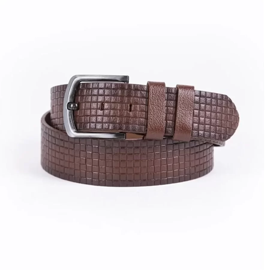 Brown Mens Belt Casual Wide Check Emboss Leather ST01298 7