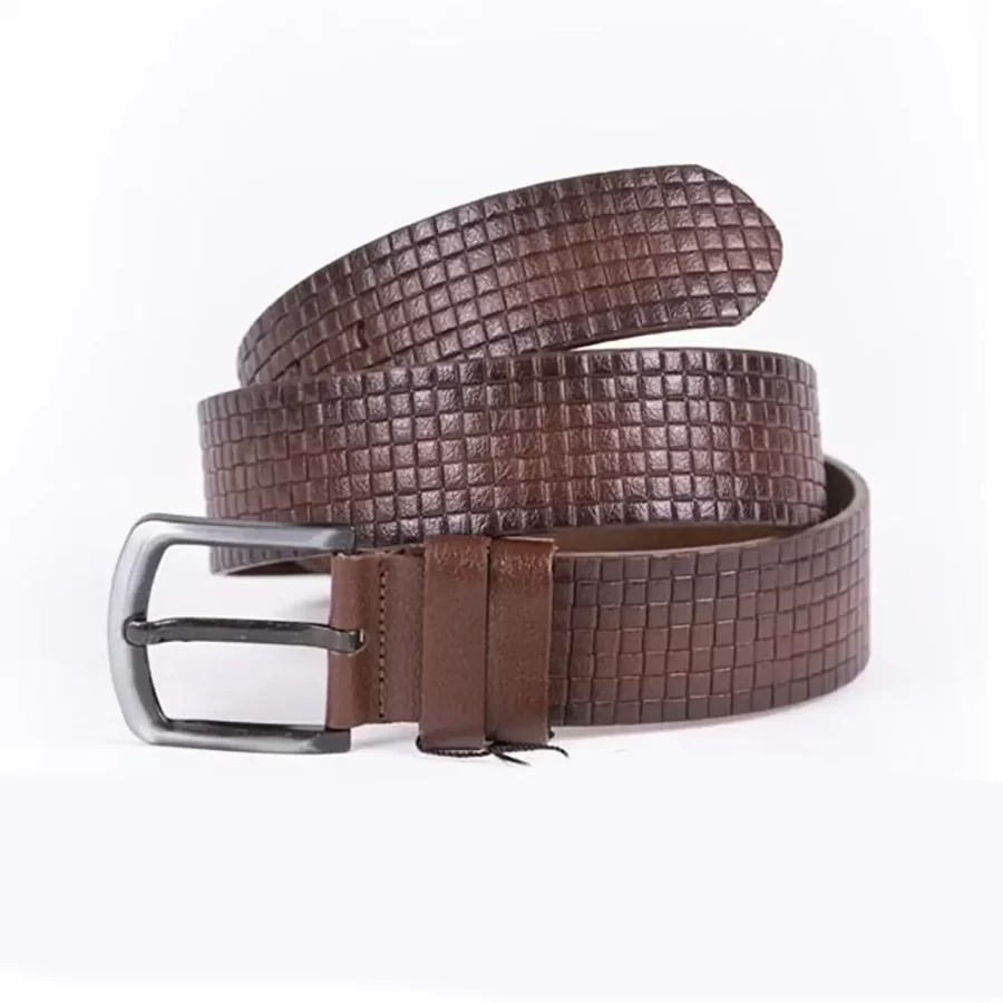 Brown Mens Belt Casual Wide Check Emboss Leather ST01298 8