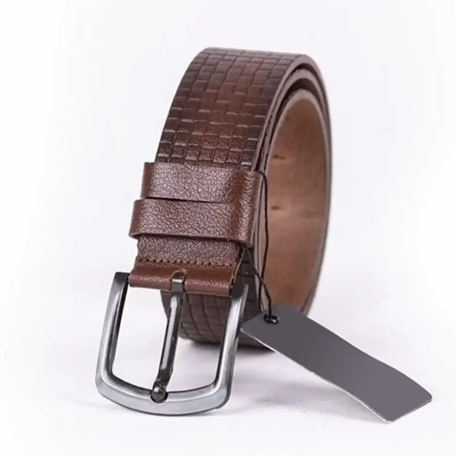 Brown Mens Belt Casual Wide Check Emboss Leather ST01298 9