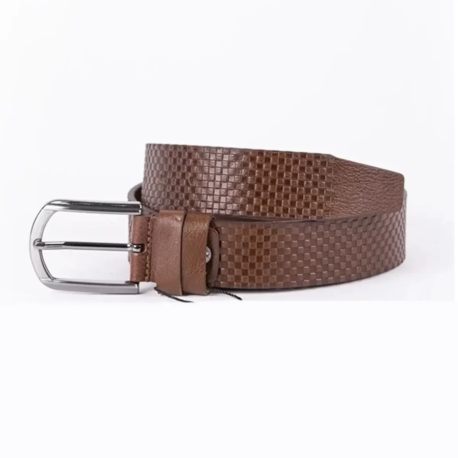 Brown Mens Belt Dress Check Emboss Leather ST01084 1