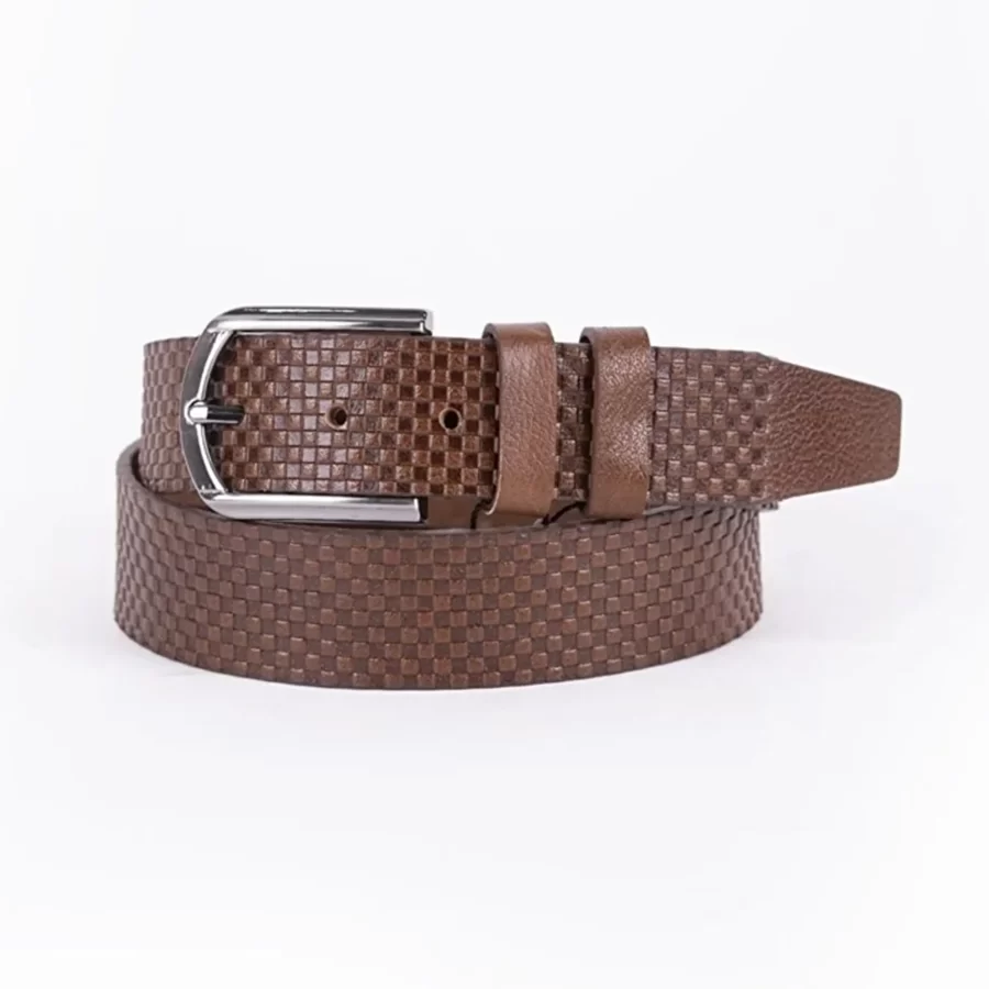 Brown Mens Belt Dress Check Emboss Leather ST01084 2