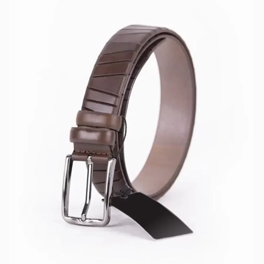 Brown Mens Belt Dress Line Embossed Calfskin ST01458 18