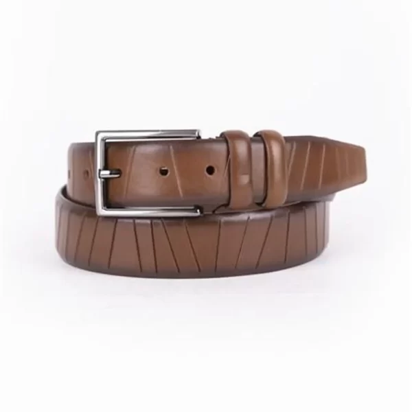 Brown Mens Belt Dress Line Embossed Calfskin ST01458 7