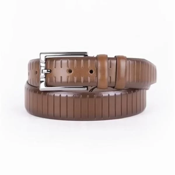 Brown Mens Belt Dress Line Embossed Calfskin ST01484 4