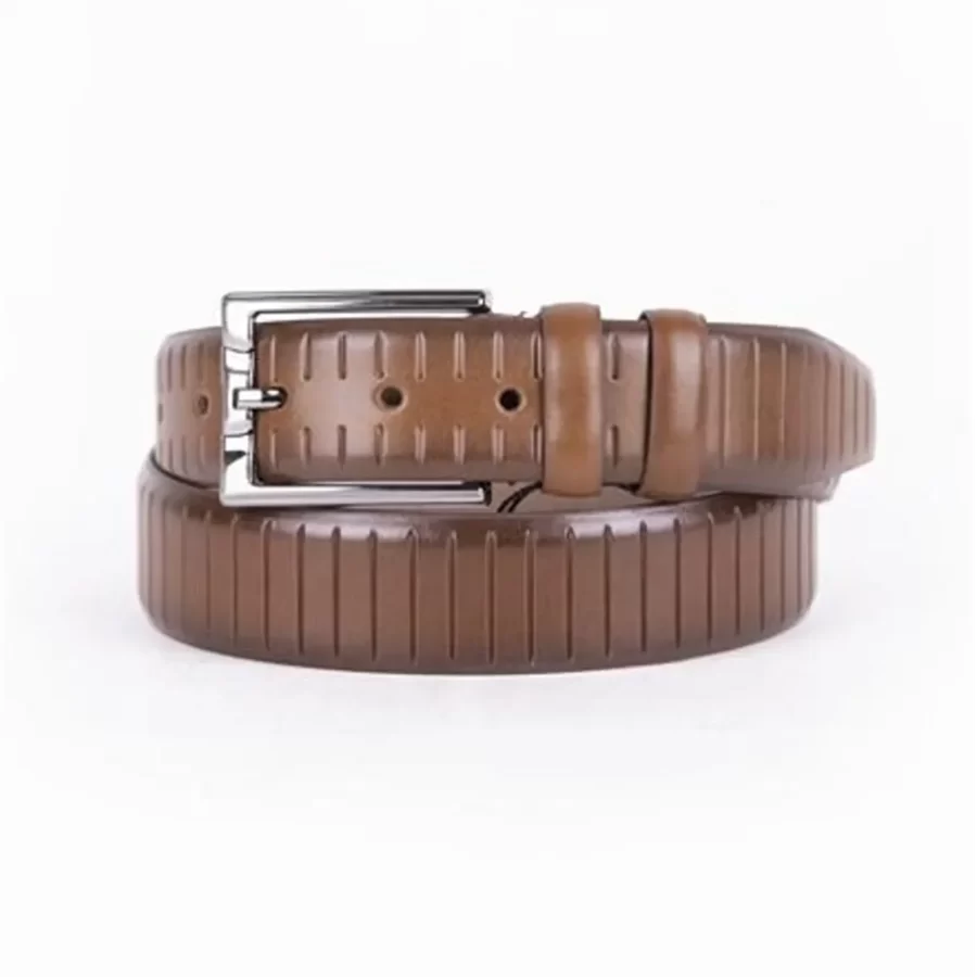 Brown Mens Belt Dress Line Embossed Calfskin ST01484 4