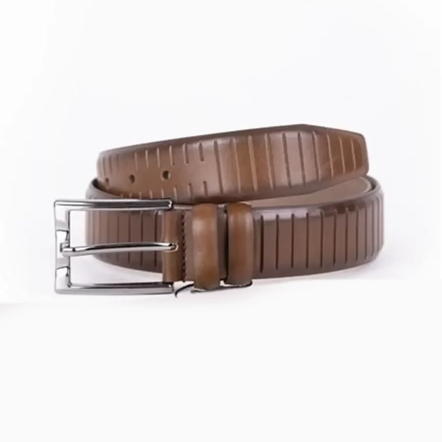 Brown Mens Belt Dress Line Embossed Calfskin ST01484 5