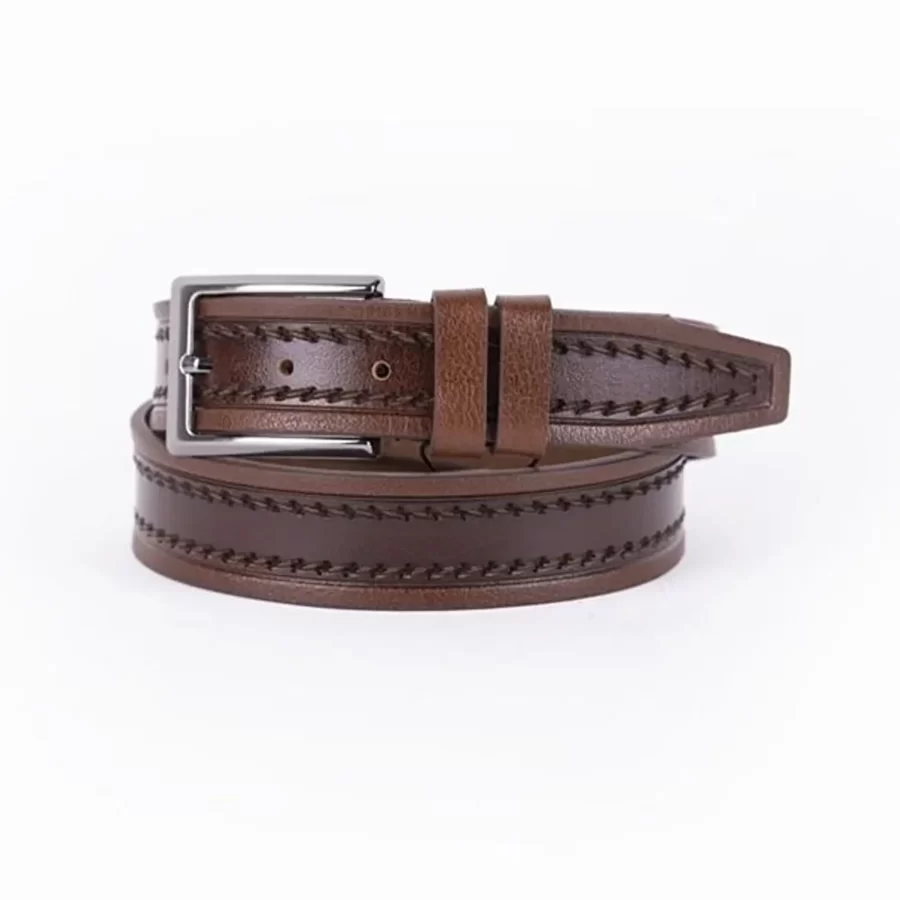 Brown Mens Belt Dress Stitched Leather ST01092 4