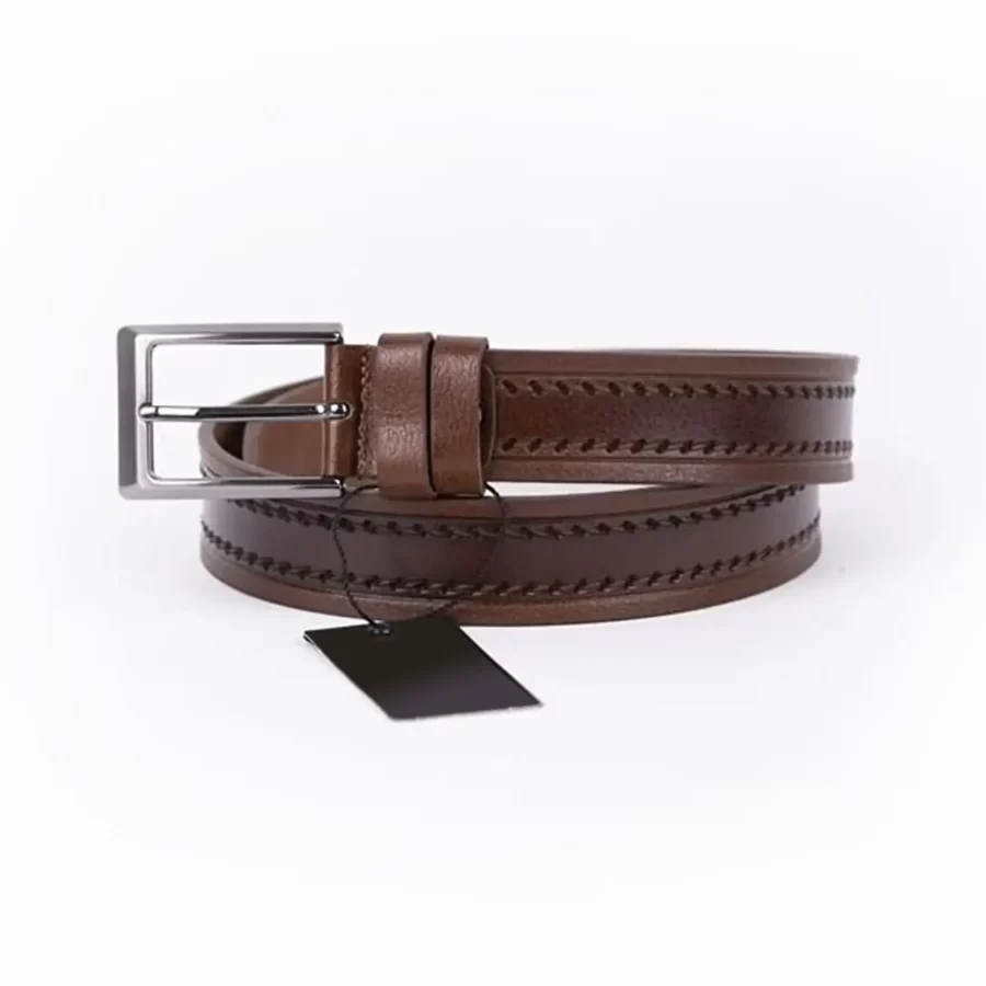 Brown Mens Belt Dress Stitched Leather ST01092 5