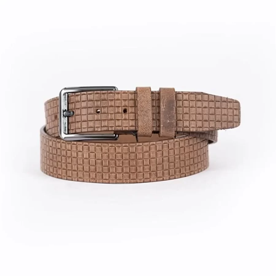 Brown Mens Belt For Jeans Check Emboss Leather ST01385 4