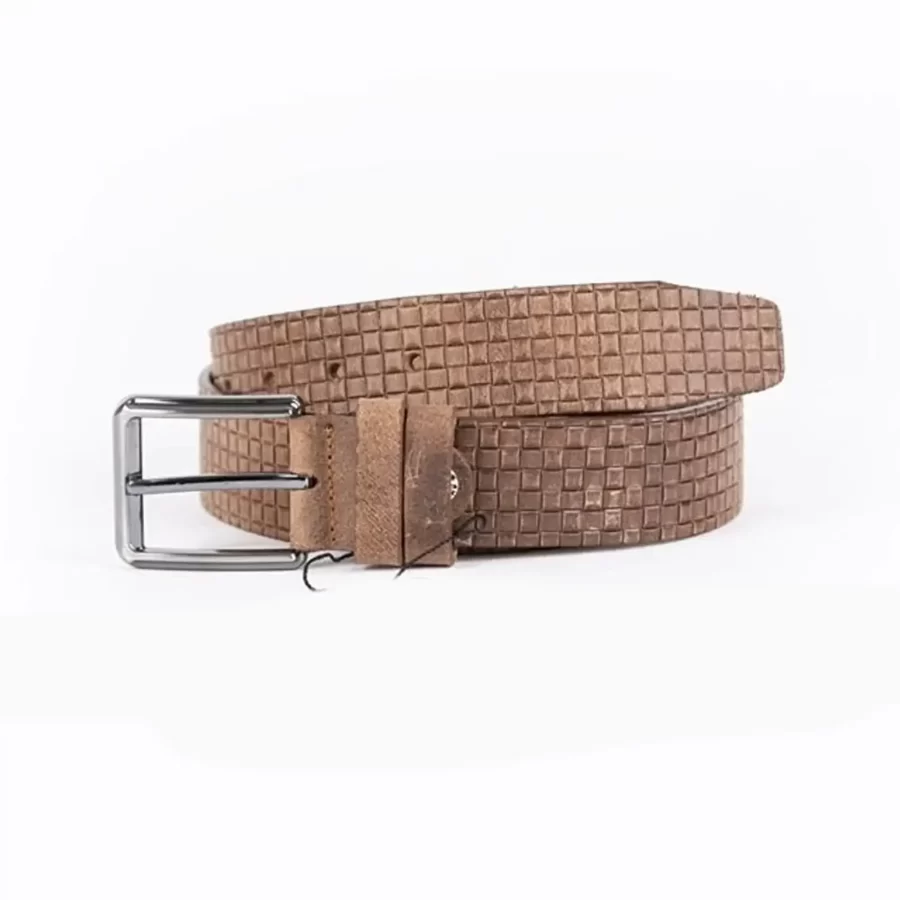 Brown Mens Belt For Jeans Check Emboss Leather ST01385 5