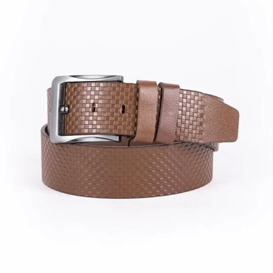 Brown Mens Belt For Jeans Wide Check Emboss Leather ST01266 1