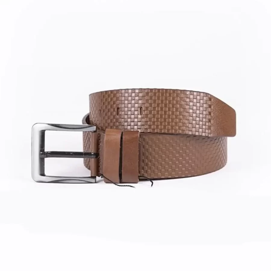 Brown Mens Belt For Jeans Wide Check Emboss Leather ST01266 2