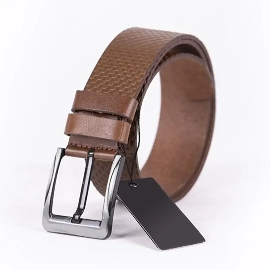 Brown Mens Belt For Jeans Wide Check Emboss Leather ST01266 3