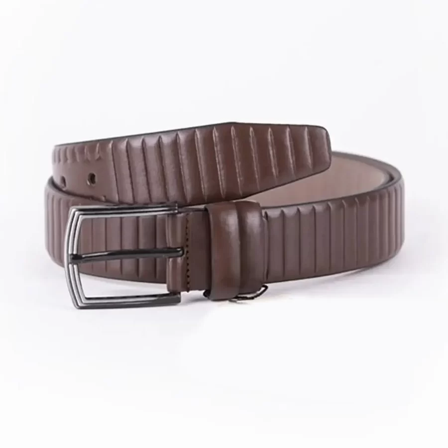 Brown Mens Vegan Leather Belt Vertical Lines Dress ST00904 11