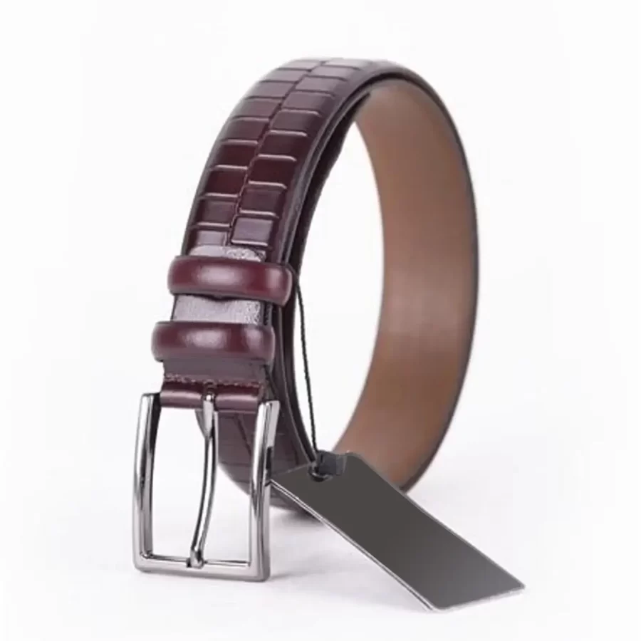 Burgundy Mens Belt Dress Croco Embossed Leather ST01491 12