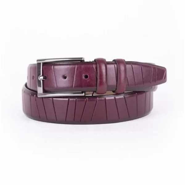 Burgundy Mens Belt Dress Line Embossed Calfskin ST01458 4