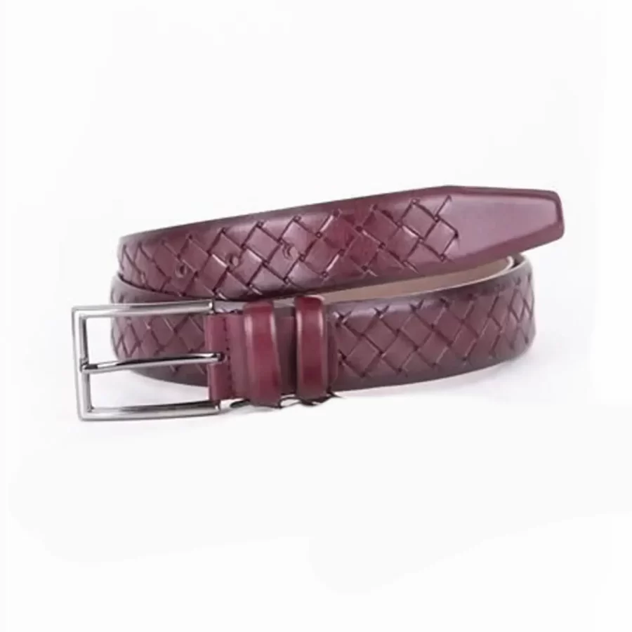 Burgundy Mens Belt Dress Woven Textured Emboss Calf Leather ST01435 8