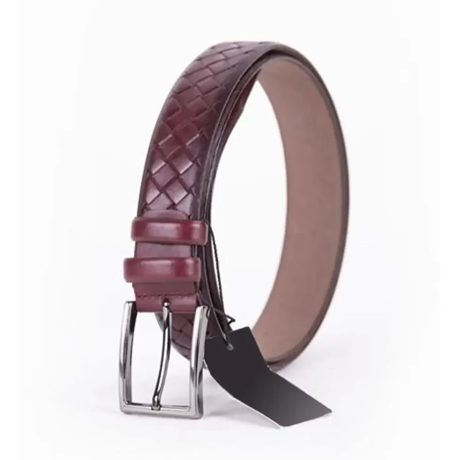 Burgundy Mens Belt Dress Woven Textured Emboss Calf Leather ST01435 9