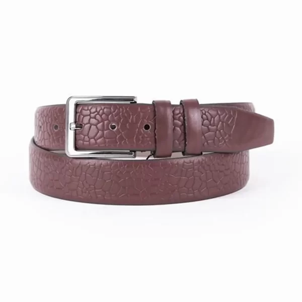 Burgundy Mens Vegan Leather Belt Unique Emboss Dress ST00900 1