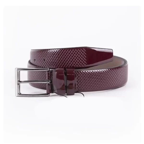 Burgundy Patent Mens Vegan Leather Belt Checkered Dress 355KSDR37 1