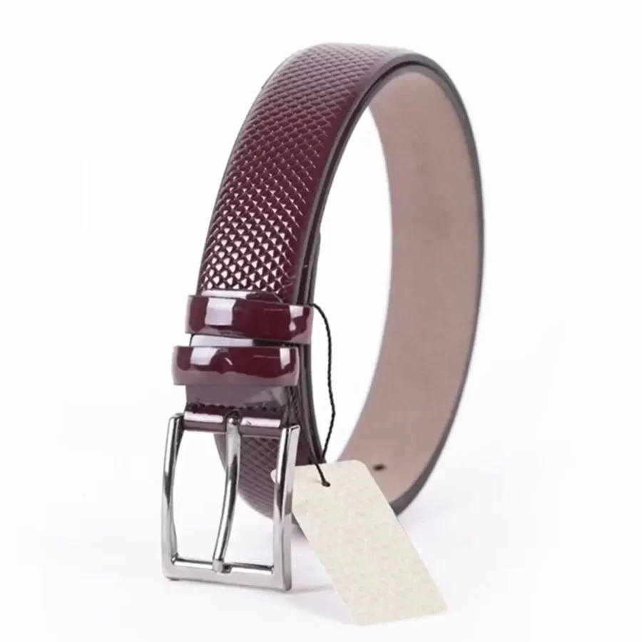 Burgundy Patent Mens Vegan Leather Belt Checkered Dress 355KSDR37 2