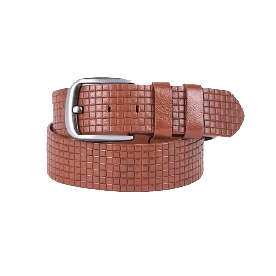 Cognac Mens Belt Casual Wide Check Emboss Leather ST01298 10