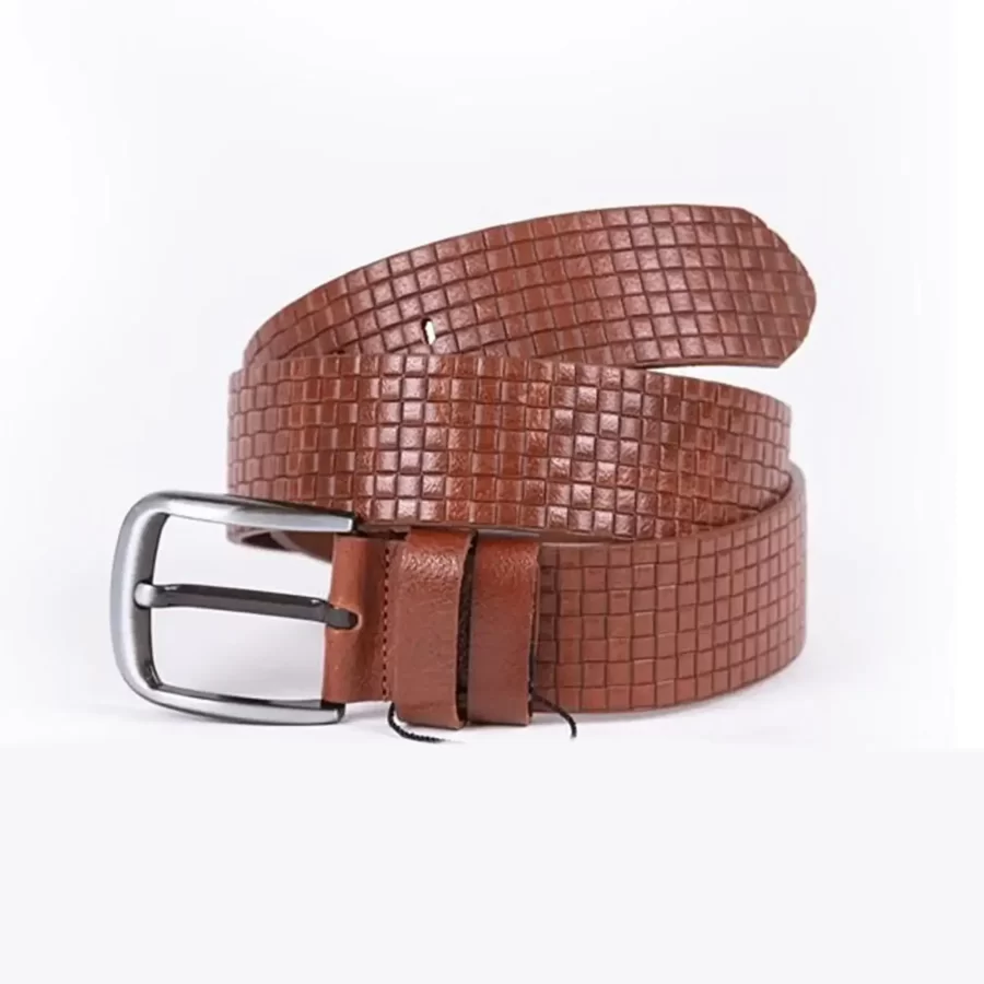 Cognac Mens Belt Casual Wide Check Emboss Leather ST01298 11