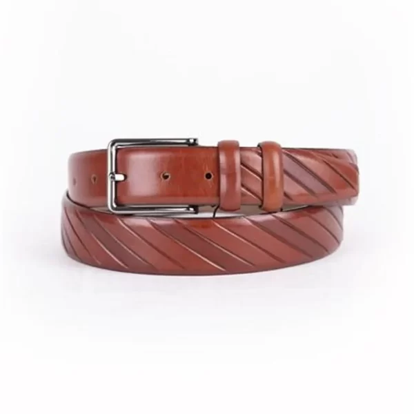 Cognac Mens Belt Dress Line Embossed Calfskin ST01522 1