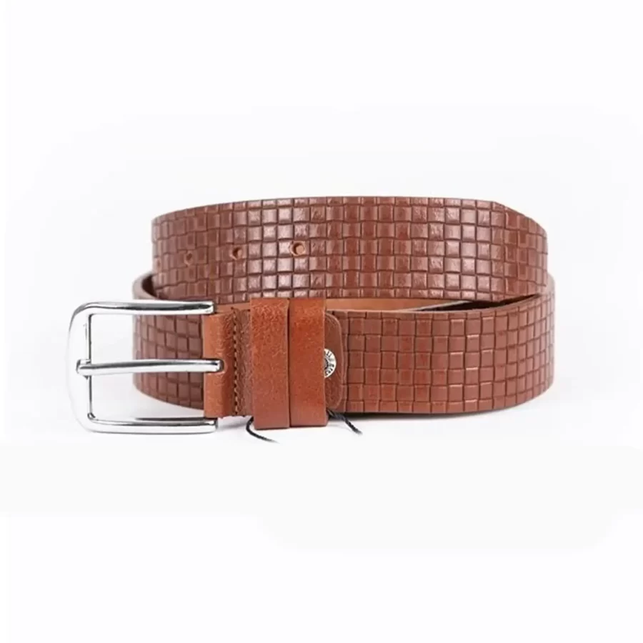 Cognac Mens Belt For Jeans Check Emboss Leather ST01385 2