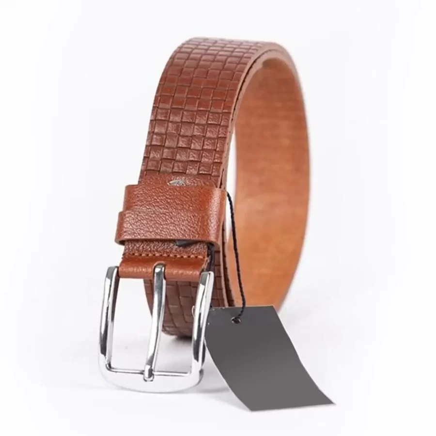 Cognac Mens Belt For Jeans Check Emboss Leather ST01385 3