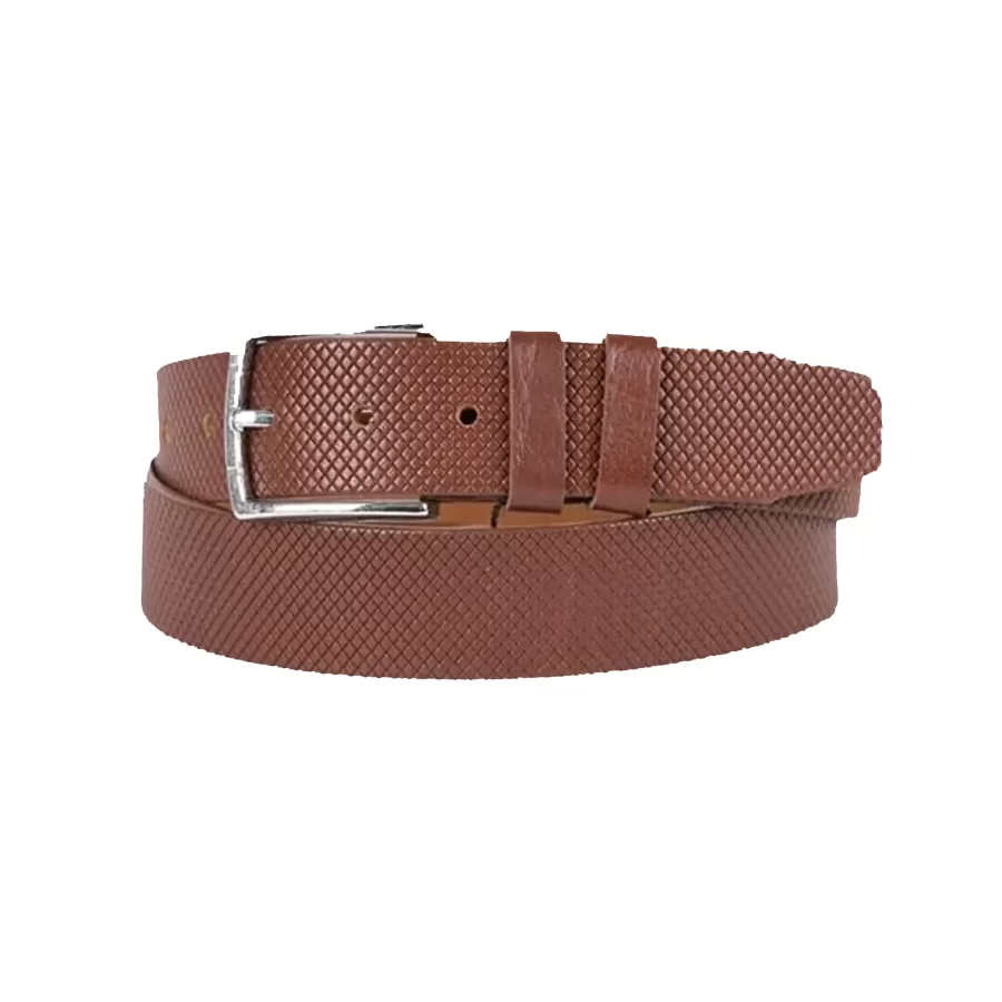 Cognac Mens Belt For Jeans Small Check Embossed Leather ST01346 4